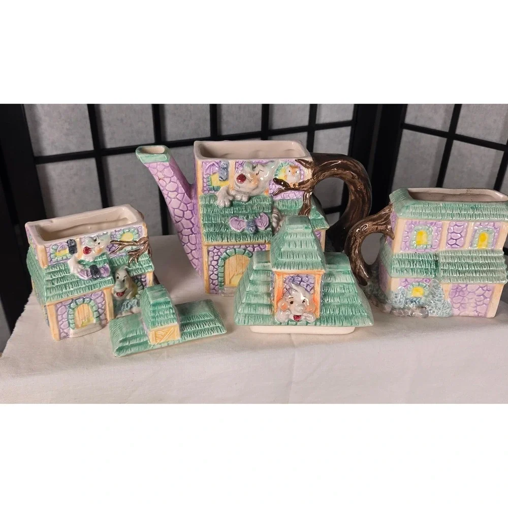 Vintage Halloween Haunted House Ceramic Teapot Sugar and Creamer Set Ghosts